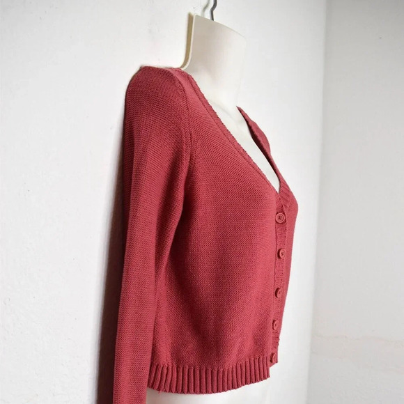 American Eagle Button Front Knit Cardigan Sz XS Cropped Pink Preppy Academia - Picture 6 of 15